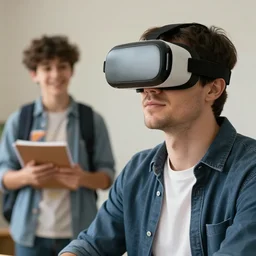 beautiful hyper-realistic style cinematic work where a man with virtual reality glasses appears, in the background you can see a happy teenager with his notebooks and his backpack on