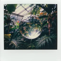 grainy Polaroid film photograph of a highly reflective floating sphere glass orb in a tropical greenhouse. super resolution. surreal. Extremely detailed. Polaroid 600 film. by Annie Leibovitz and Richard Avedon