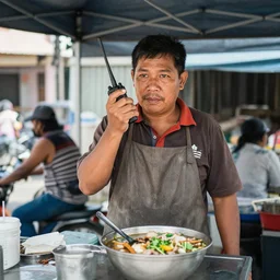 bakso vendor holding walkie talkie