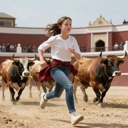 greta thunberg running in san fermines chased by bulls, highly detailed, cinematic, 8 k resolution, beautiful detailed, octane render, unreal engine