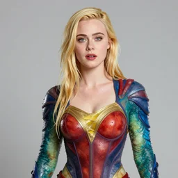 a portrait photograph of elle fanning as a brightly colored harpy super hero with wet mutated skin. she is trying on a amphibian alien suit and transforming into a beast. by tom bagshaw, donato giancola, hans holbein, walton ford, gaston bussiere, peter mohrbacher, brian froud and iris van herpen. 8 k, cgsociety