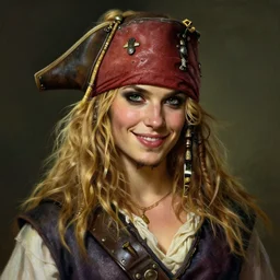 portrait of a young ruggedly handsome but joyful pirate, female, feminine, upper body, blonde hair, long hair, d & d, fantasy, seductive smirk, intricate, elegant, highly detailed, digital painting, artstation, concept art, matte, sharp focus, illustration, art by artgerm and greg rutkowski and alphonse mucha