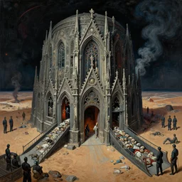 fish eye view of detailed portrait, intricate complexity, by greg rutkowski, ross tran, conrad roset, takato yomamoto, ilya kuvshinov huge gothic crematorium on desert planet, elevator, side ramp entrance, dead bodies, guards intricate, painting by lucian freud and mark brooks, bruce pennington, dark colors, neon, death, guards, sinister hall smoke