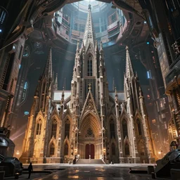 a cathedral in an underground city, futuristic, gothic, sci-fi, brutalism, hyperdetailed, Cinematic, Ultra-Wide Angle, Kinemacolor, Massive, Artstation