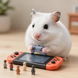 white hamster holding a controller with its little pawns, playing on a little nintendo switch
