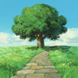 cute ash tree, stone walkpath landfield, matte painting by pixar studio miyazaki ghibli