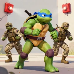 ninja turtles escape and two military ( american uniform ) ran to sound the alarm and all the turtles began to descend the water slides, ram skull, squid phoenix jellyfish, orchid, betta fish, 4 k,