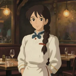portrait of beautiful waitress with side braid ponytail, in restaurant, painting by sargent and leyendecker, studio ghibli, fantasy, medium shot, asymmetrica, l intricate elegant illustration hearthstone, by greg rutkowski by greg tocchini by james gilleard
