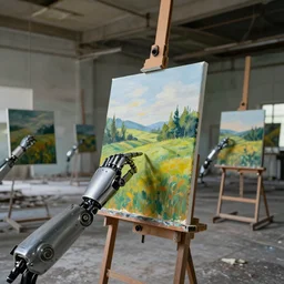 several robotic mechanical hands paint landscapes on canvas in an abandoned decrepit art gallery, medium shot, 4 k, dramatic lighting