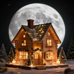a beautiful candle lit christmas decorated wooden house with a chimney, on the moon, 8 k resolution, sharp focus, hyper detailed, 8 5 mm photography