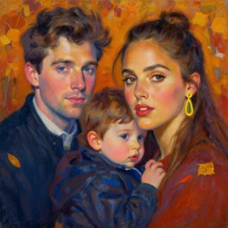 color harmony, fall, colin farrell, jessica alba woman, with a kid, neon light, detailed faces, painting by gaston bussiere, craig mullins, j. c. leyendecker