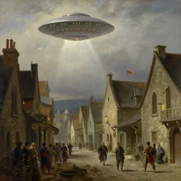 ufo's invading a medieval town, view from the street, concept art, albert bierstadt, thomas cole