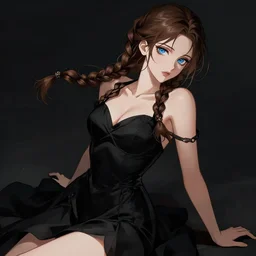 beautiful woman with braided brown hair and blue eyes, wearing a black dress, posing seductively, black colors, highly detailed, in the style of and ilya kuvshinov and greg rutkowski, high quality anime artstyle, intricate