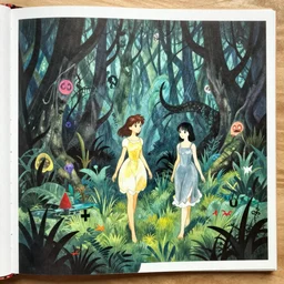 a page of two girl walking in the swamp. picture book the princess in dark demoniac evil swamp. by satoshi kon, ilya repin, lena aenami, shinji kimura