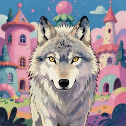vintage 90\'s anime mixed with pastel impasto highly rhythmic expressionistic wild symmetrical furry wolf portrait pleasing palette trending on artstation super fluffy funhouse surreal unpredictable wild unexplainable fantasy land you could not have dreamed of in the gritty posterized grainy analog style of studio Ghibli and 1960s americana Comics, HQ 8k scan