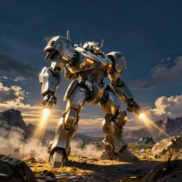 armored core v by liam wong, reactive armor, navigation light, booster flares, laser rifle, smoke, karst landscape, outdoor, dark blue sky, clouds, wilderness ground, golden time, twilight ; wide shot, digital painting, photoreal, cinematic contrast, dynamic backlighting, sharp edge, motion blur