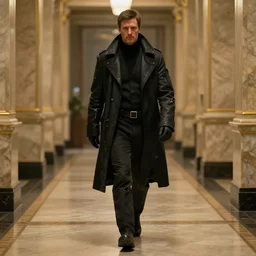 man wearing black cyberpunk coat tattered, walking down, marble hallway with gold trim. Scene from Bladerunner 2049 (2017) Artstation trending 720p.