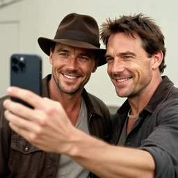 chris pratt as indiana jones taking a selfie with an old harrison ford, instagram, cinematic, natural lighting, genuine smile, perfect angle