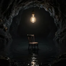 concept art, black cave lake, chair under an edison bulb in empty black space, cgsociety, steampunk, surreal, extreme contrast, sunken in black water, void, liminal space