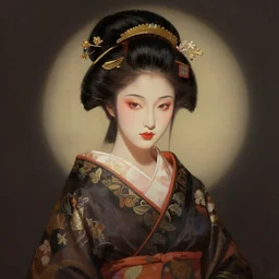female geisha girl, beautiful face, rule of thirds, intricate outfit, spotlight by greg rutkowski, by jeremy mann, digital painting