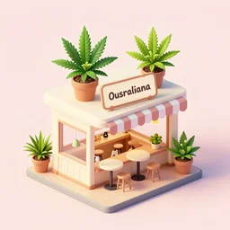 isometric cute cartoon illustration style cafe australian, decorated with only two cute cannabis pot plants 🪴 utopian australiana simple frontage, poster, beautiful composition pastel palette by will barnet, digital art, hyperrealistic soft, inked digital, render cartoon by pixar
