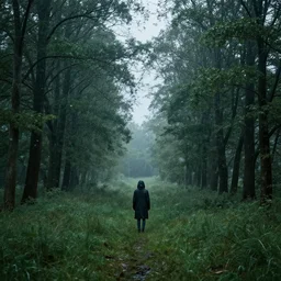 super epic realistic nature photo trending on instagram with lonely person in raincoat standing at a distance