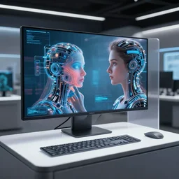 futuristic computer that has ai generated feel touch sensation module, product display