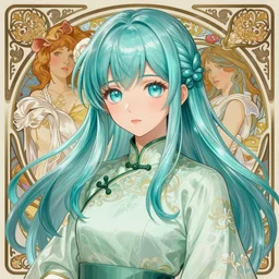 adult girl with long aqua glass hair, aqua glass eyes, a small pigtail on the left side, chinese dress, chinese style, anime style, hyper detailed, light green dress, illustration, digital painting, art by artgerm and greg rutkowski and alphonse mucha, high delicate defined details, anime stylized, highly detailed, realistic, sharp focus, styled by rhads