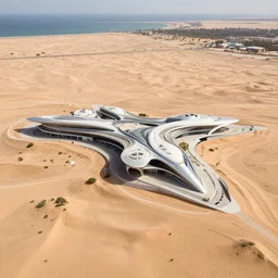 tectonic structure, medical complex, in the desert beside the gulf, view from above, design by peter zumthor, dezeen, architectural photography