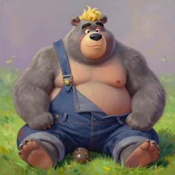blushing bear man chubby sumo anthro, blonde hair tuff on head, grey fur, disney country bears animatronic wearing overalls flannel posing seductive, sitting in grass, style in akihito tsukashi oil painting by titan