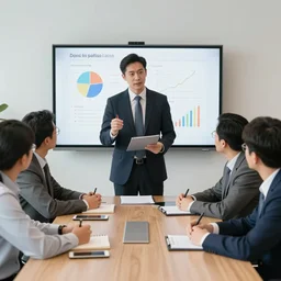 photo of a businessman pitching his portfolio to a table of other businessmen