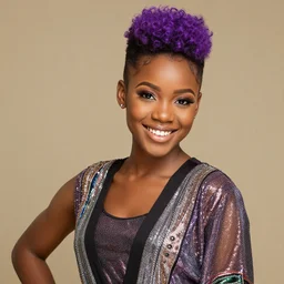 A yearbook photo of a black girl in her late teens with her hair in a short curly purple undercut in a flashy outfit smiling brightly