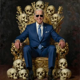 Joe Biden sitting on a throne of skulls with his sunglasses on and smiling while waving, oil on canvas, 1883