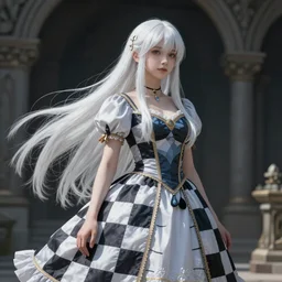An epic fantasy comic book style full body painting of a pale young girl with long straight white hair, she is wearing a chess pattern princess dress, Unreal 5, DAZ, hyperrealistic, octane render, cosplay, RPG portrait, dynamic lighting