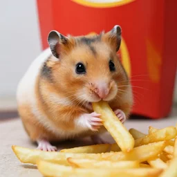 detailed photo of a hamster eating fries, mcdonald's, various poses, full body, unedited, daylight, dof 8 k