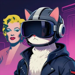 illustration of cyberpunk cat in vr helmet, by andy warhol and by zac retz