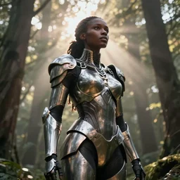 hyperrealistic very beautiful black woman, highly detailed exoskeleton armor in a forest, sun behind her soft god rays, concept art eric zener elson peter, dramatic light low angle hd 8k sharp focus