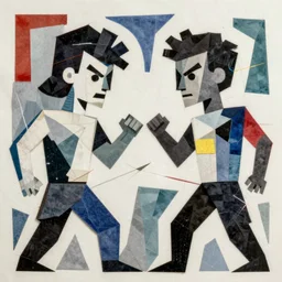 Two still figures facing camera, they are fighting very angry, Chaotic, glitch art aesthetic, paper collage, style of Juan Gris, abstract