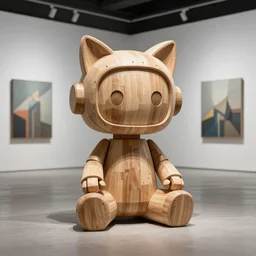 8k octae render photo ,a wooden sculpture artoys on feet ,very cute robot zen méditation with cat ears ,cyberpunk ,brutalist ,a contemporary art gallery , art by Artoyz