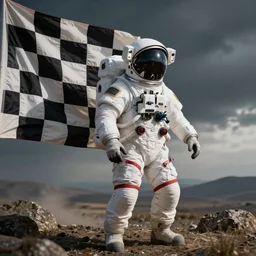 [Dieselpunk cosmonaut, checkered flag, very detailed, cinematic lighting, matte, sharp, photography, art by enki bilal]