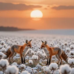 foxes in a field of cotton candy, orange sky