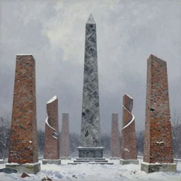 oil painting of a distant obelisk of obsidian stretching to the heavens during a snowstorm, pillars of brick stretching and twisting around the obelisk
