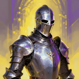 knight in polished shiny armor, helmet skull, dark fantasy, volumetric light, neon lit, yellow and violet light, sharp focus, ryan wong illustration
