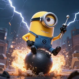 minion trying to explode a bomb, realistic, dramatic lightening, cinematic