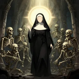 A drawing of a nun engulfing a horde of evil skeletons in holy light in a ruined chapel. Dark Fantasy. DeviantArt.