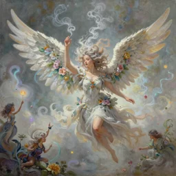 a colorful and provenance illustrations painting of the fantasy angel flying with floral wings, highly detailed, her hair made of hair made of air wind and curling smoke, mist, dust, genie, spirit fantasy concept art, art by aenami, alena, afshar, petros and leonid, trending on artstation.