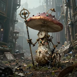 a clockwork mushroom wanders through the wastes of an ancient city, photorealistic, ultra detailed, eerie lighting, foggy, deep shadows