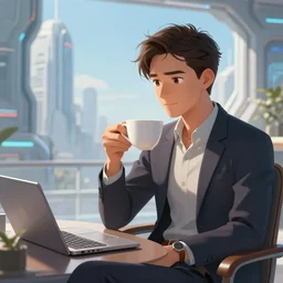 startup CEO having a cup of tea. Beautiful!!!!!!! sci-fi concept art