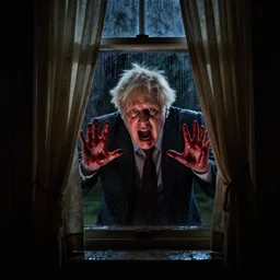 photo of the inside of a dark old rainy bedroom window at night with the curtains pulled back, dimly lit creepy | screaming face of boris johnson staring in and pressing his bloody face and hands against the window, horror, scary face, demonic face,