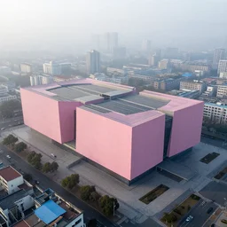 aerial photo of a parametric architecture museum. the museum stands in a city. facade in faded pink fabric, morning fog, wide camera angle